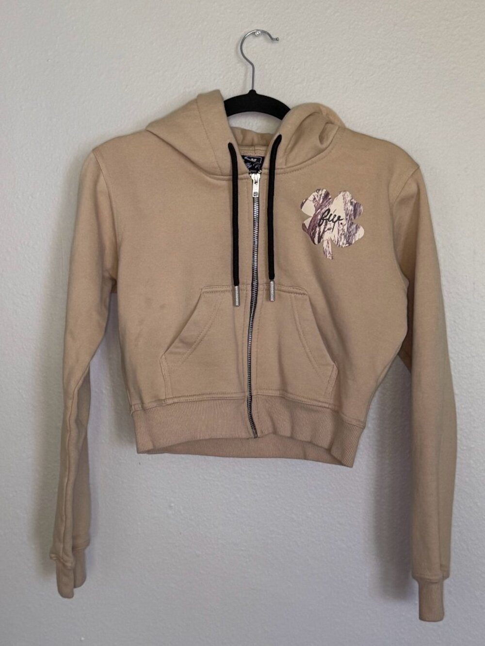 Filthy Wealth Clothing Cropped Zip Up Hoodie Tan Beige Embroidered FW Y2K M